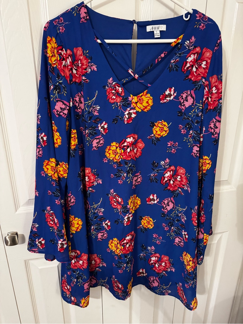 AUW Royal Blue Floral Midi Dress with Crisscross V-Neck